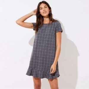 Ann Taylor LOFT Womens Gray & Pink Plaid Short Slv Ruffle Relaxed Shift Dress 12